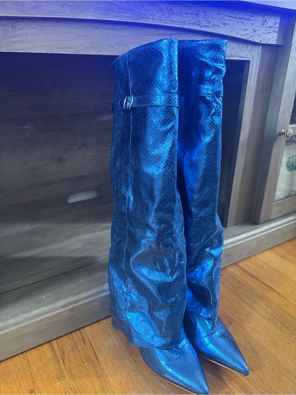 Forever 21 Shiny Blue Knee-High Wedge Boots